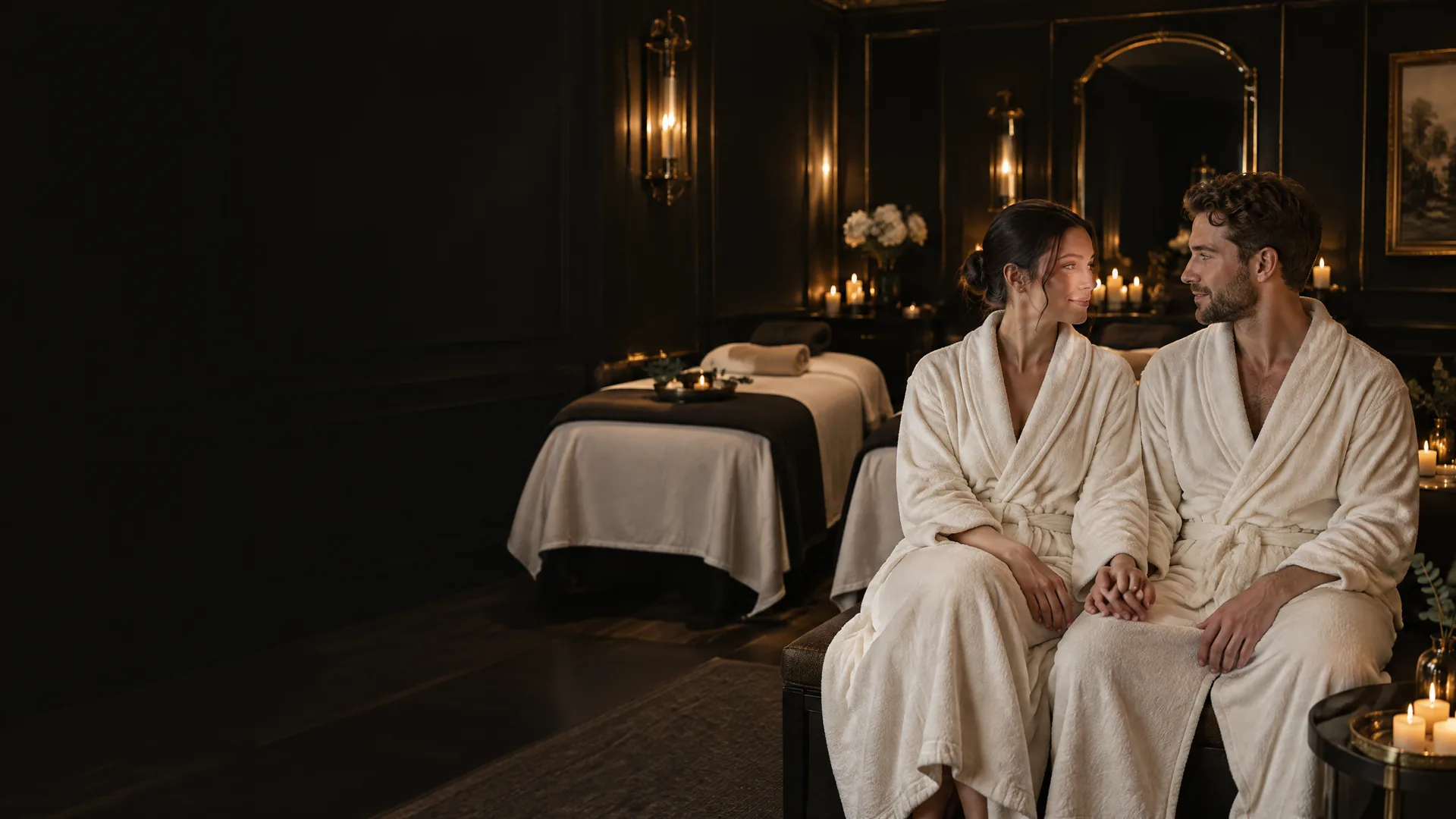 Adult couple in spa robes beside two massage tables in a private London suite