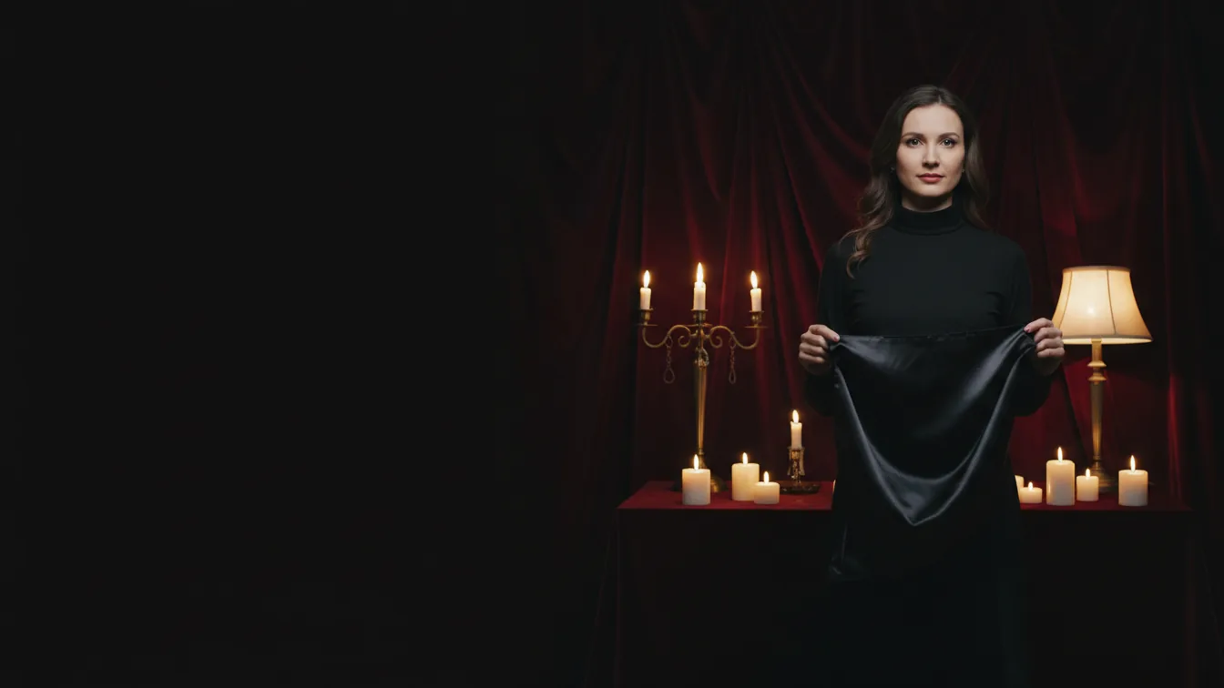 Dark Tantra practitioner holding a satin blindfold in a candlelit London ritual room