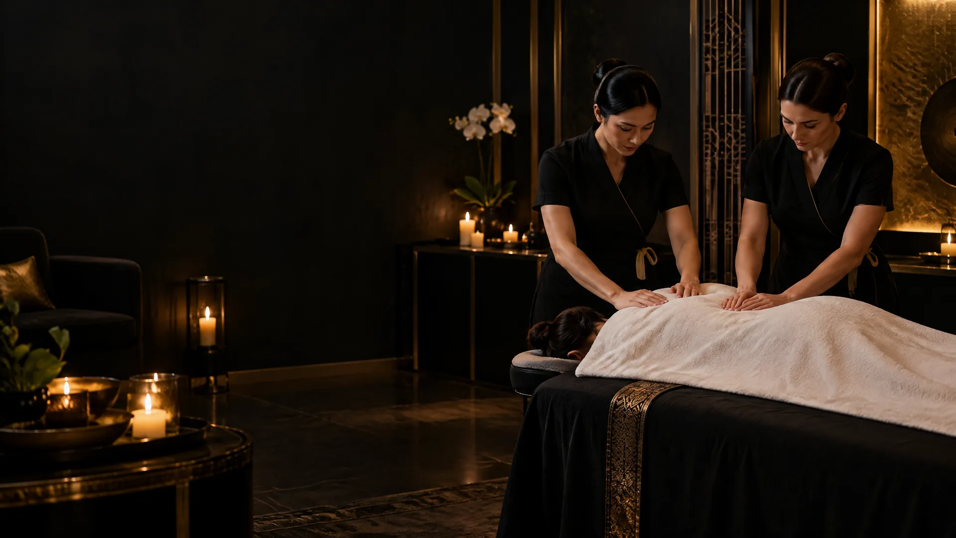 Two practitioners performing a synchronized four hands massage on a fully draped guest in London